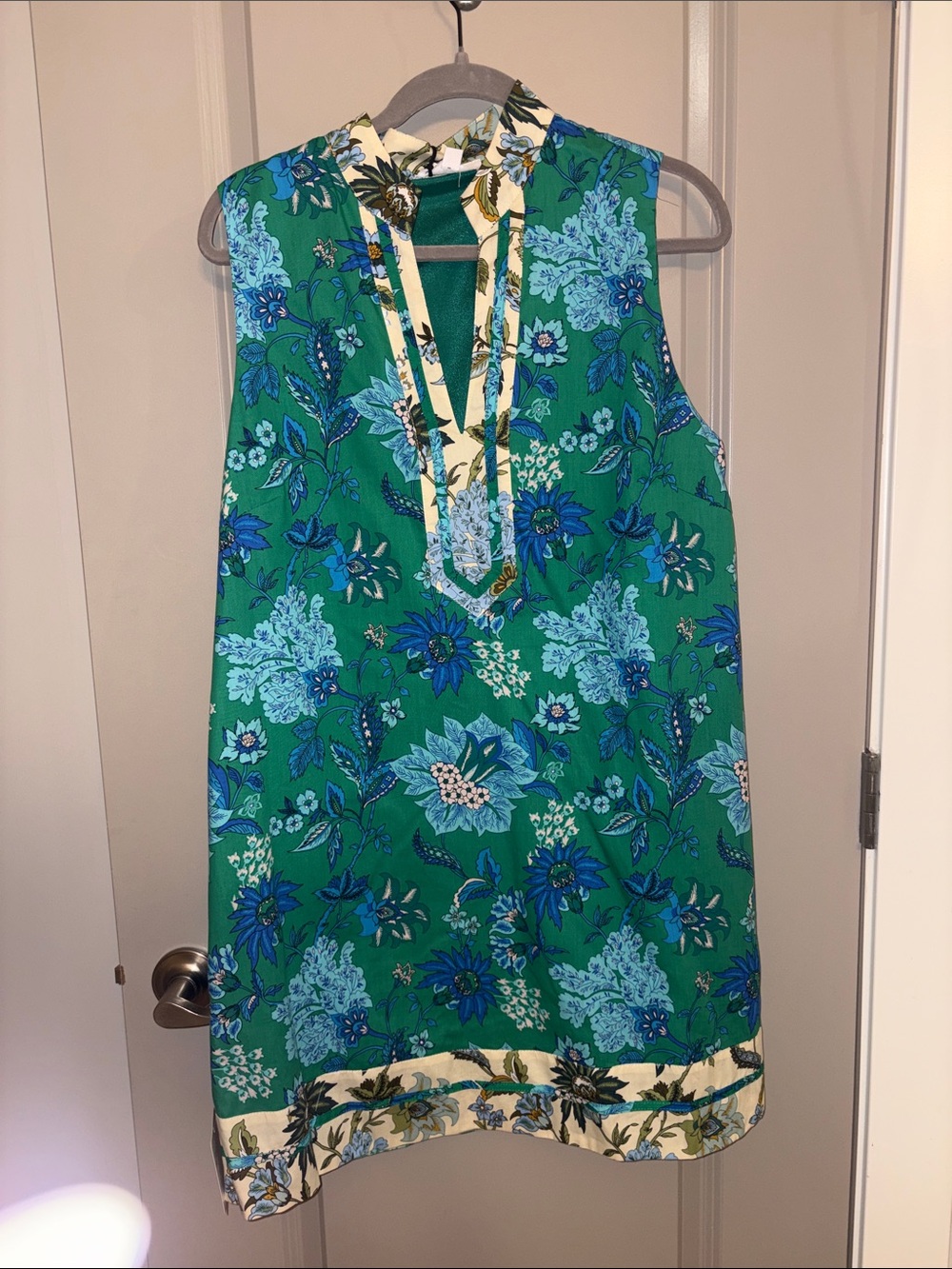 THML Green Floral Sleeveless Tunic with Blue Accents